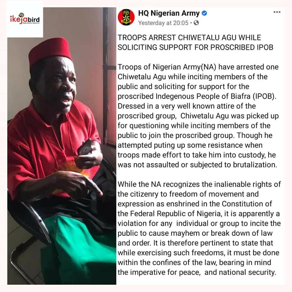 Chiwetalu Agu was picked up while soliciting support for IPOB