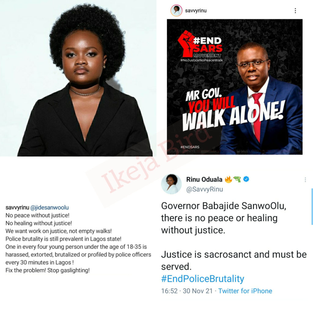 Activist Rinu Oduala reacts to Sanwo-Olu's speech on a walk for peace ...