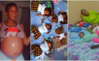 Young Nigerian woman shows off her five 5-month-old babies while expressing gratitude
