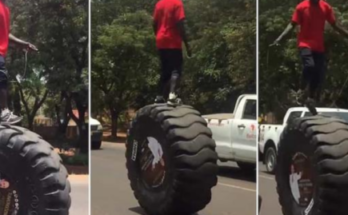 Cool stunt or death warrant? – Man rides tractor tyre on expressway, dares to skip on it