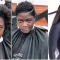 Lady who looks like Mercy Johnson cuts her hair in salon