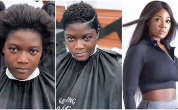 Lady who looks like Mercy Johnson cuts her hair in salon