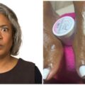 Woman shows pedicure before and after pictures
