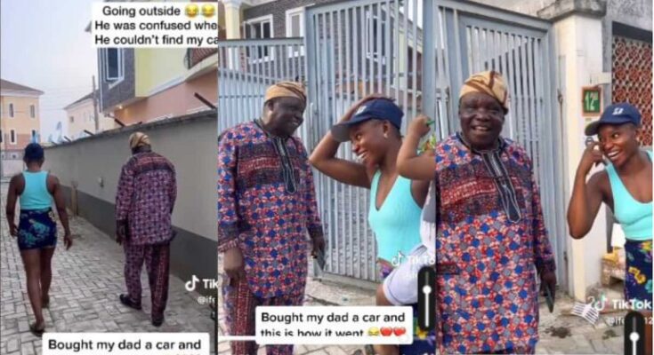 Nigerian lady plays prank on her father before gifting him a new car, netizens react