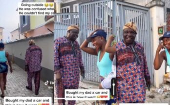 Nigerian lady plays prank on her father before gifting him a new car, netizens react