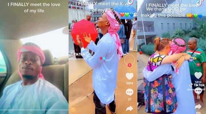 Man overwhelmed as he welcomes Oyinbo lover at Nigerian airport, first meeting ever | Ikejabird.com