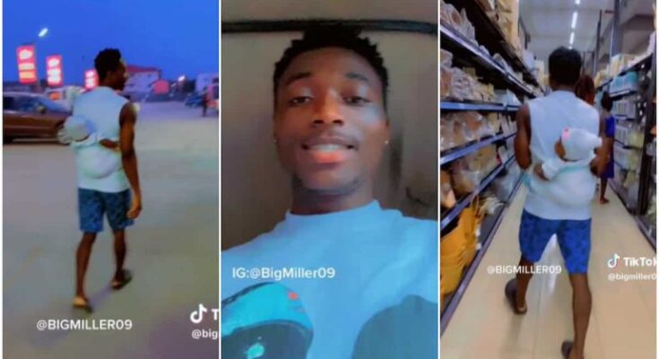 Father Backs His Child With Wrapper, Shocks Many People Inside Supermarket | Ikejabird.com