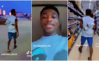 Father Backs His Child With Wrapper, Shocks Many People Inside Supermarket | Ikejabird.com