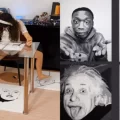 Ambidextrous artist drawing eight portraits, upside down, using both her hands and feet at the same time