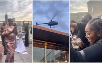 Nigerian woman makes grand helicopter entry at 50th birthday party | Ikejabird.com