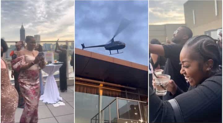 Nigerian woman makes grand helicopter entry at 50th birthday party | Ikejabird.com