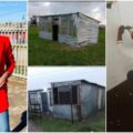 Creative lady buys land, uses roofing sheets as blocks to build small house