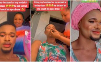 Supportive Nigerian man allows his wife apply him makeup