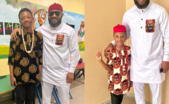 Yul Edochie visits sons at school for cultural day, rocks traditional attire with them