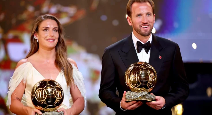 Harry Kane and Alexia Putellas pose with their Ballon d’Or trophies at the 2026 ceremony